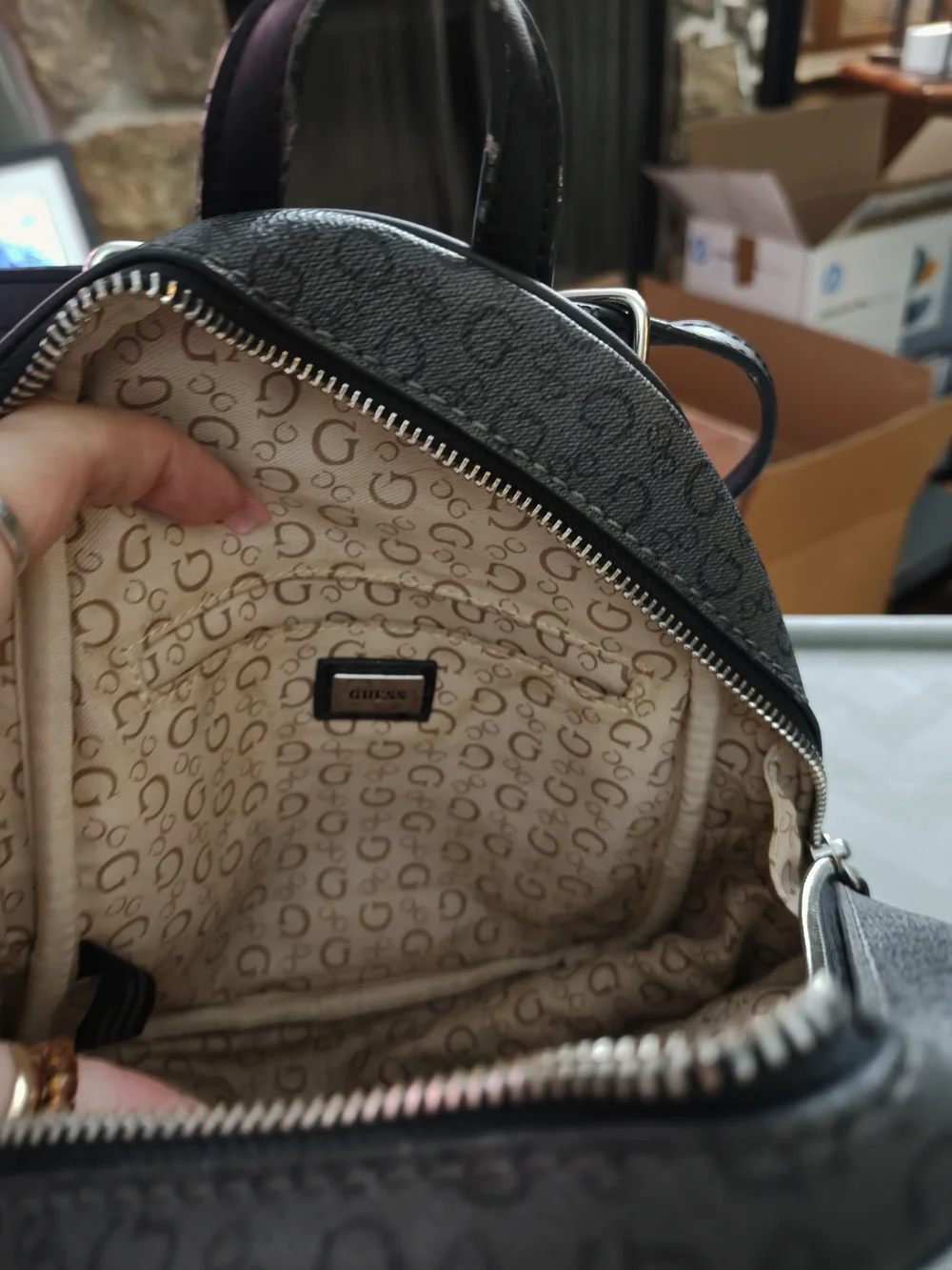 Guess Logo Signature Monogram Backpack – Black & Cream